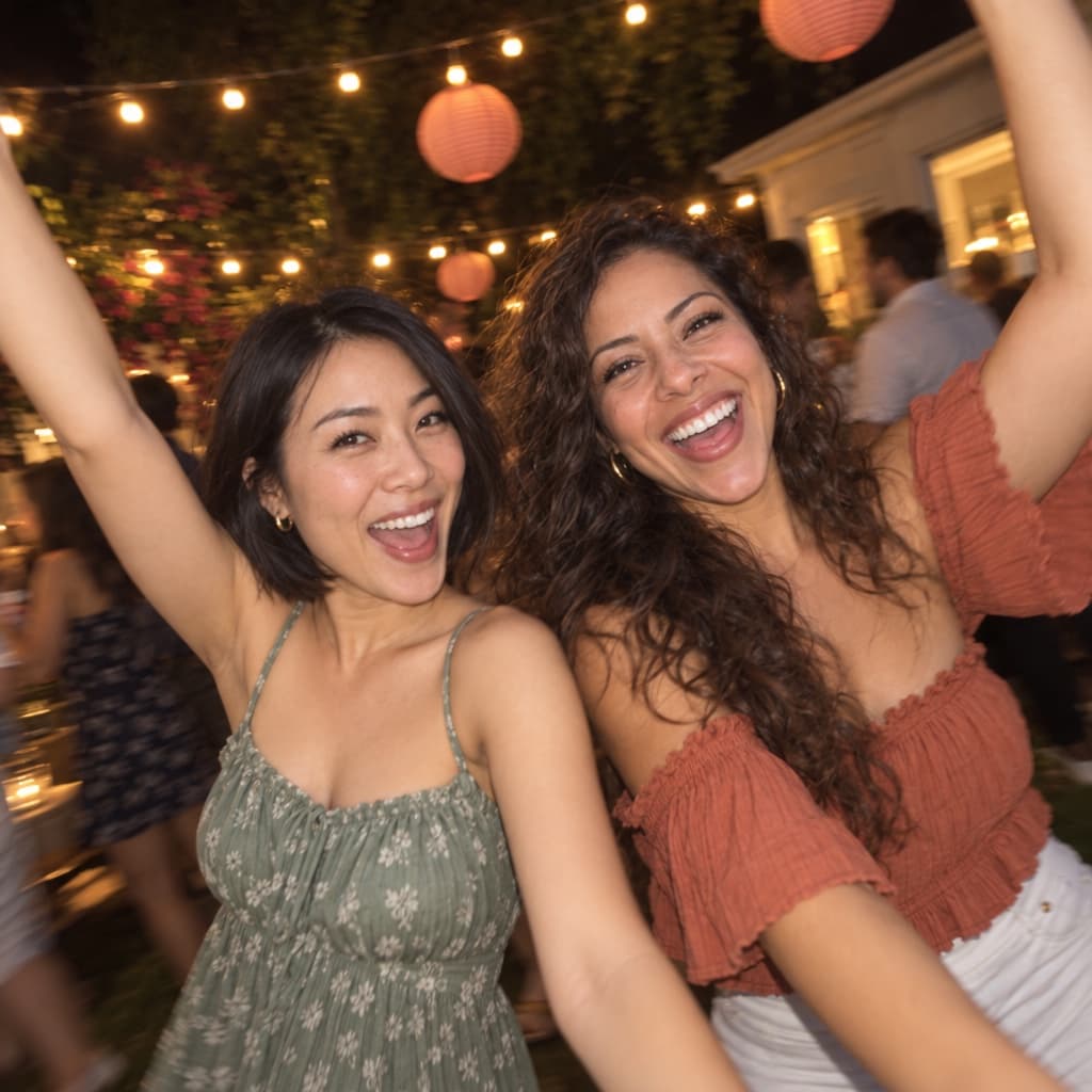Friends dancing on the patio under string lights