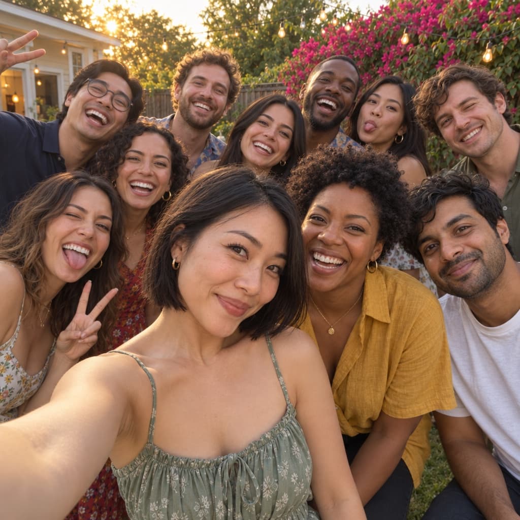 A big group selfie on the lawn at golden hour