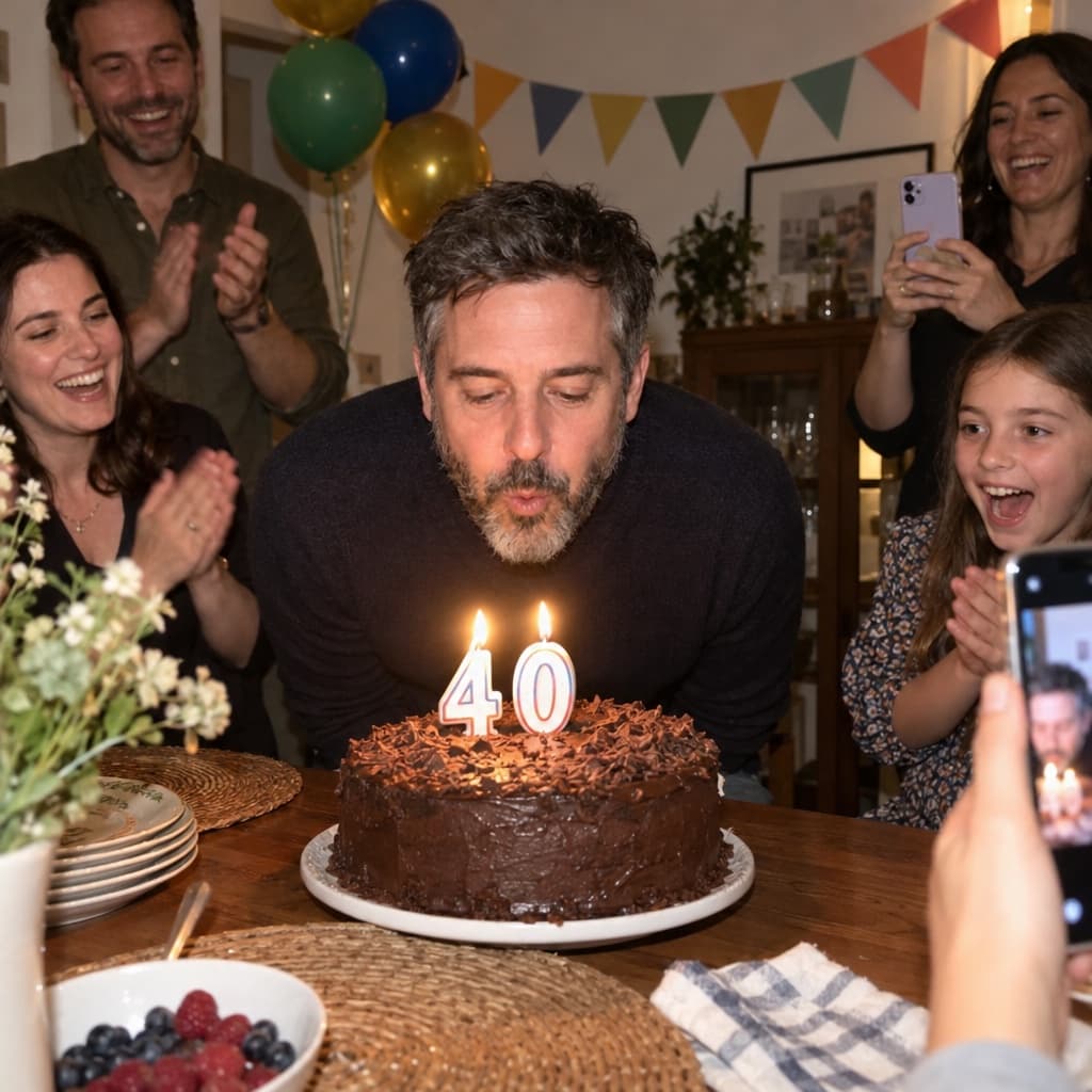 A man blowing out the 40 candles on his birthday cake while his family cheers