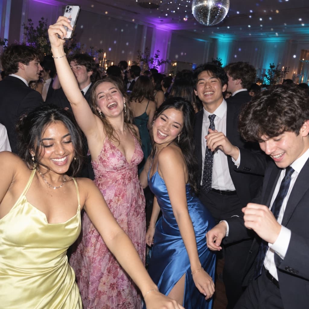 Students in formal wear dancing at a college formal