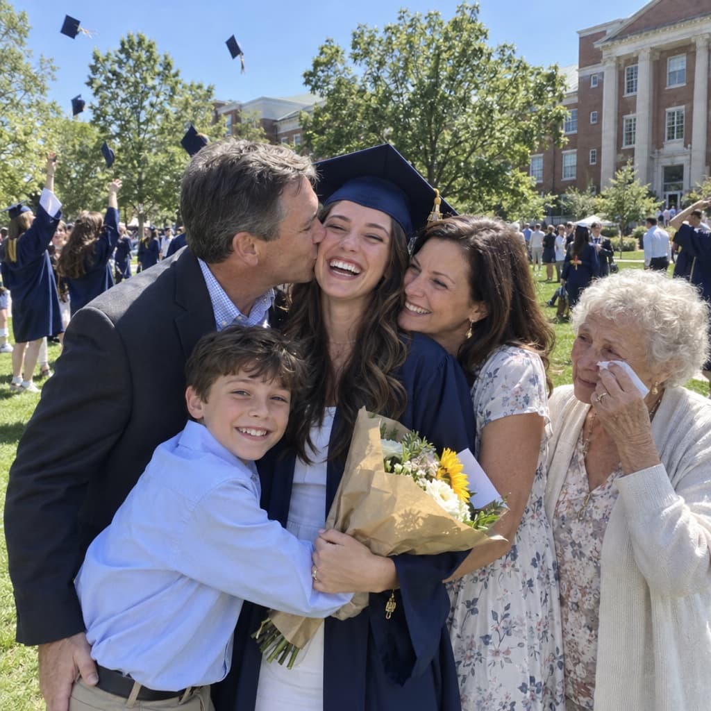 A graduate in cap and gown hugging her family after the ceremony