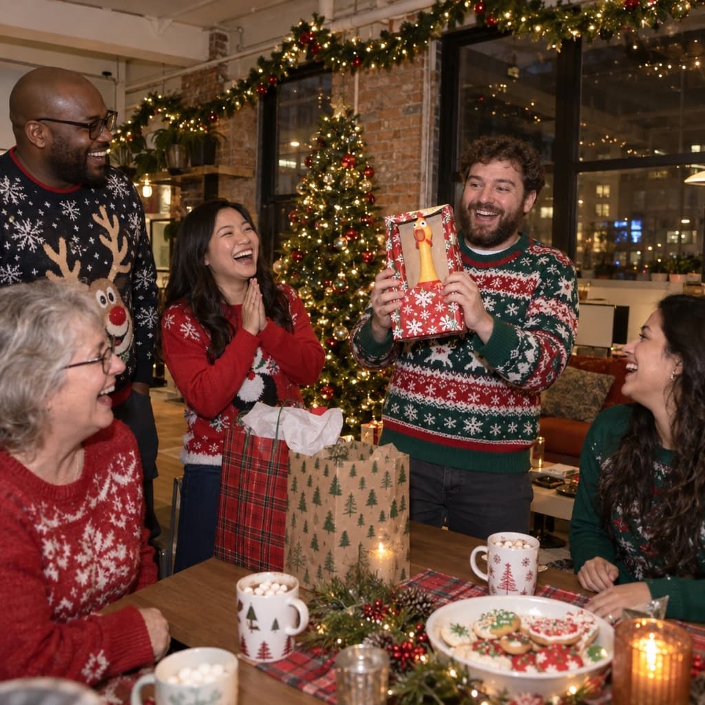 Coworkers in festive sweaters laughing at an office gift exchange