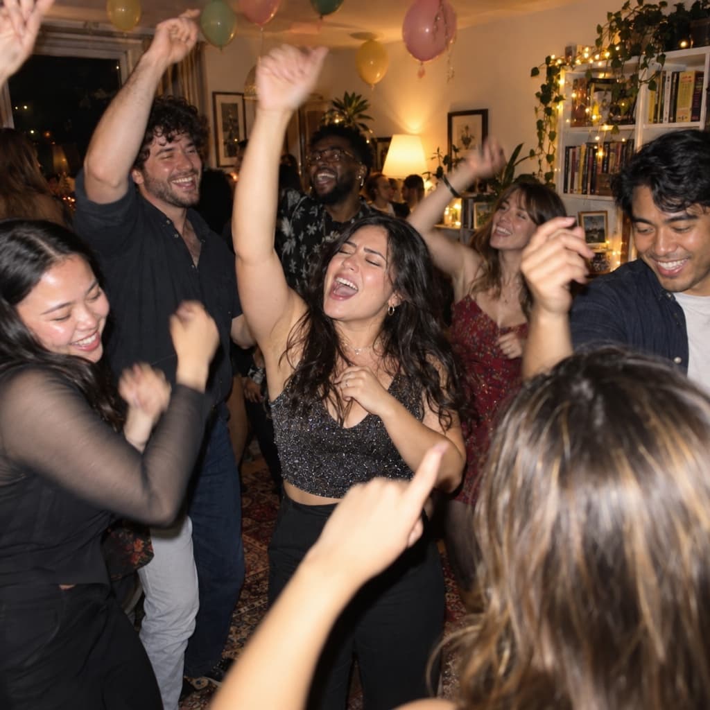 Friends dancing with their arms up at a house party at night