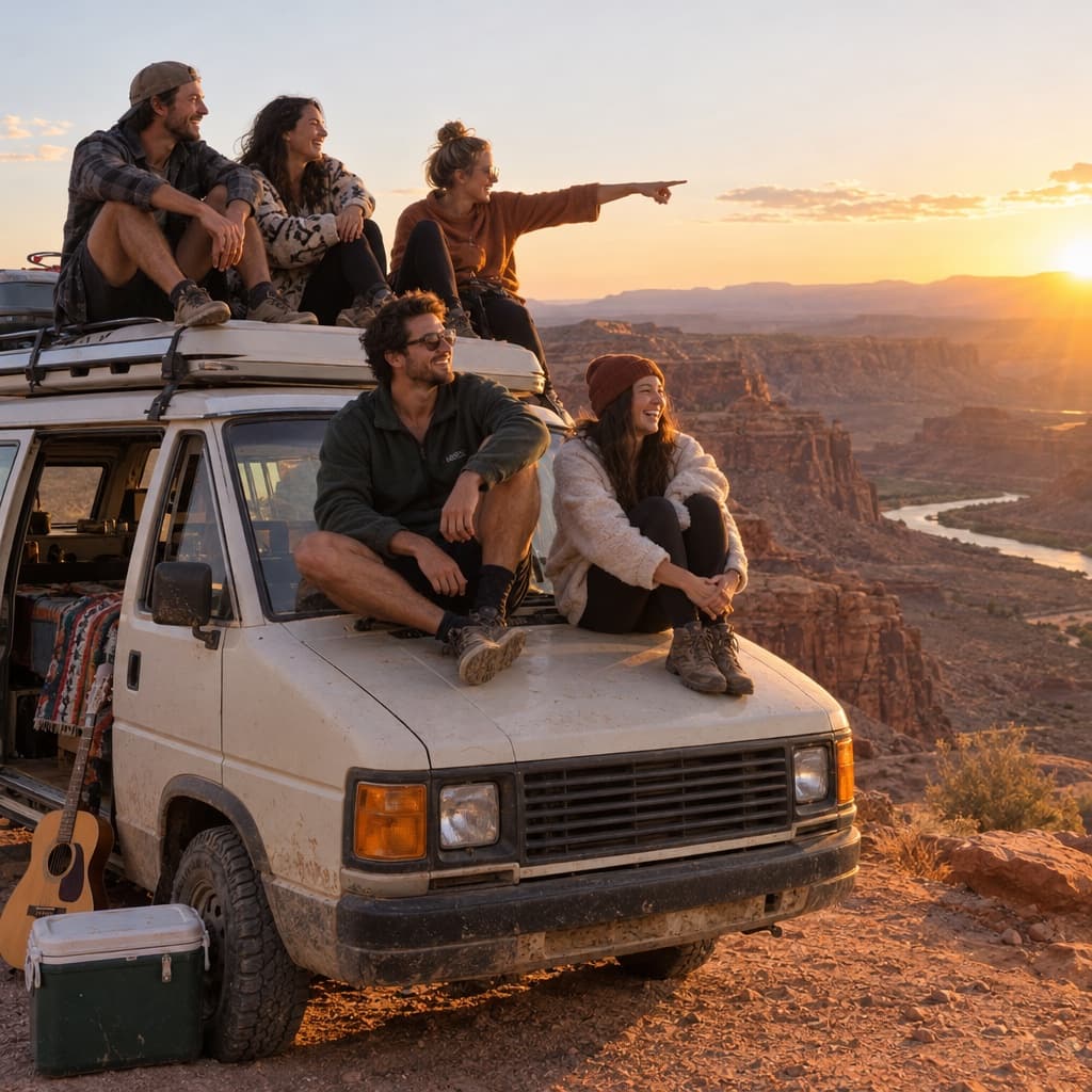 Friends on a camper van at a desert overlook at sunset