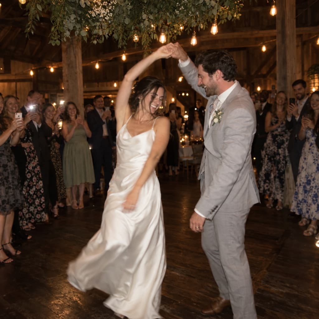 A bride and groom laughing during their first dance as guests film them