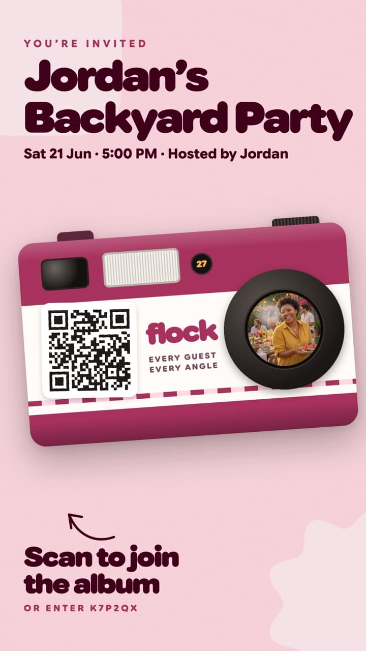 The Disposable camera invite poster for a Flock event